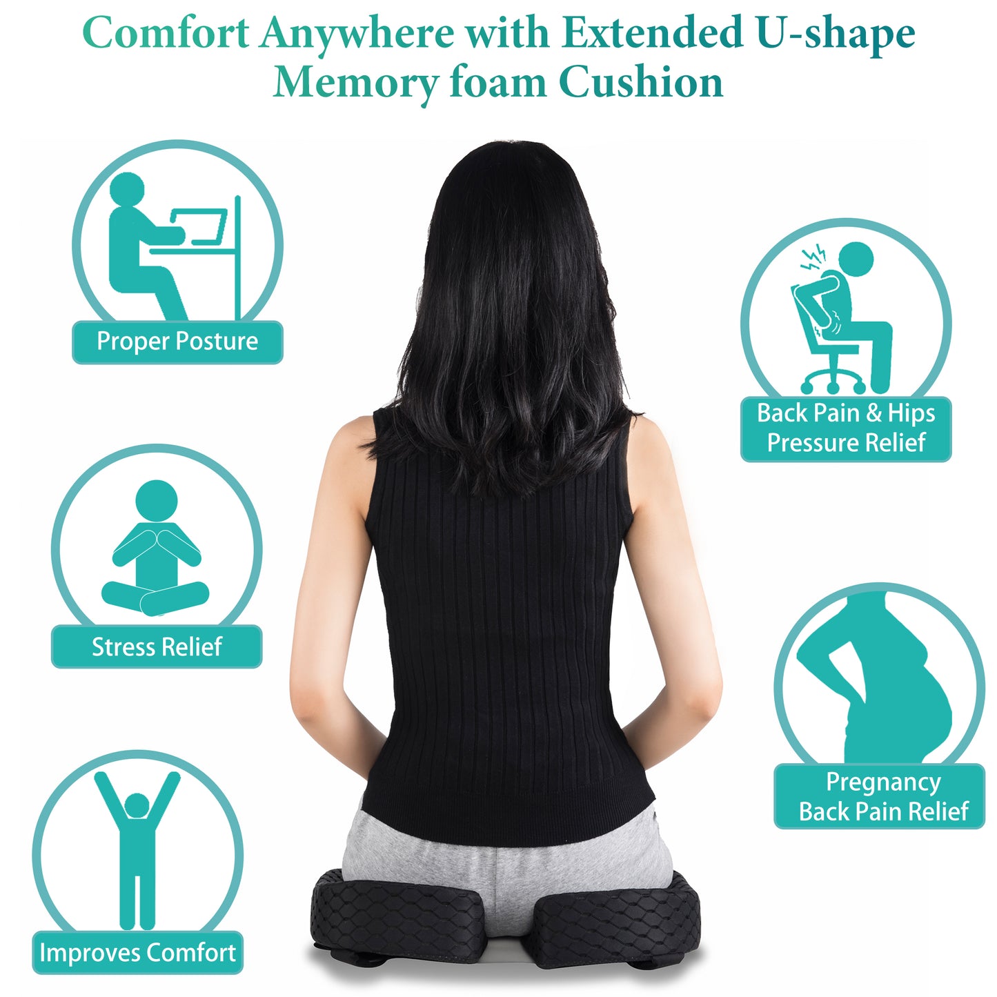 Mpmedo Upgraded Memory Foam Seat Cushion for Back Pain Extended U-Shape with Adjustable Elastic Strap Relieves Tailbone Pressure for Car Seat Office Chair Wheelchair