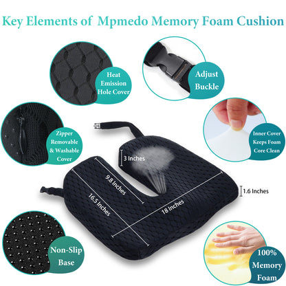 Mpmedo Upgraded Memory Foam Seat Cushion for Back Pain Extended U-Shape with Adjustable Elastic Strap Relieves Tailbone Pressure for Car Seat Office Chair Wheelchair