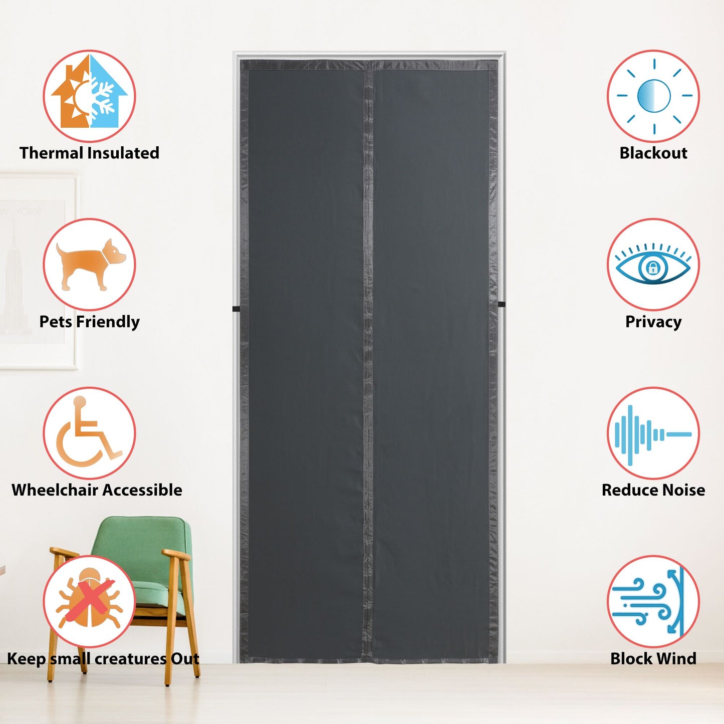 Mpmedo Magnetic Thermal Insulated Door Curtain,Thicker Layered Fabric Self Closing Door Curtains,Temporary Door Thermal Curtains Keep Warm Winter&Cool Summer,Privacy Barn Door Draft Stopper Cover