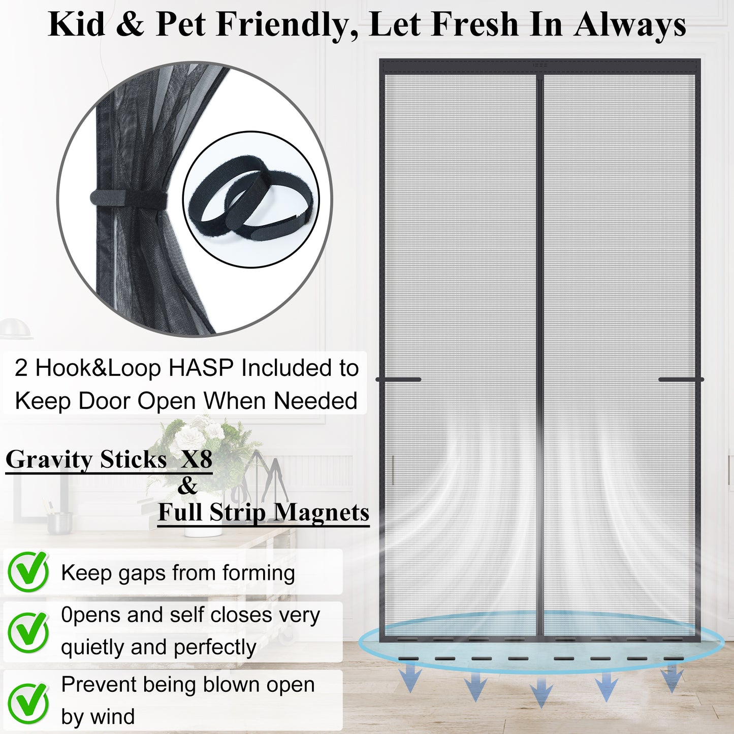 Mpmedo Magnetic Screen Door Upgraded-Model Full Strip Magnets,Reinforced Heavy Duty Mesh Screen Doors Magnets,Full Frame Seal Retractable Door Screen Magnetic Closure for Single Front Patio Sliding Door